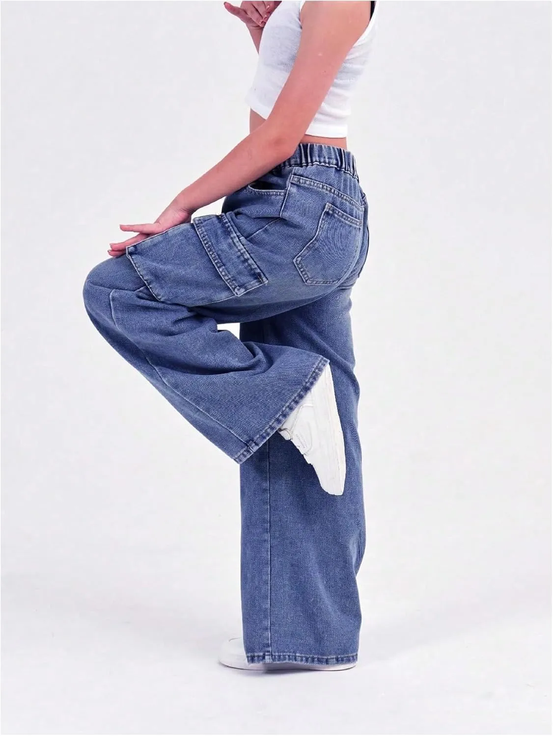 Verdusa Girl's Loose Wide Leg Denim Cargo Pants Elastic Waist Jeans with Pockets
