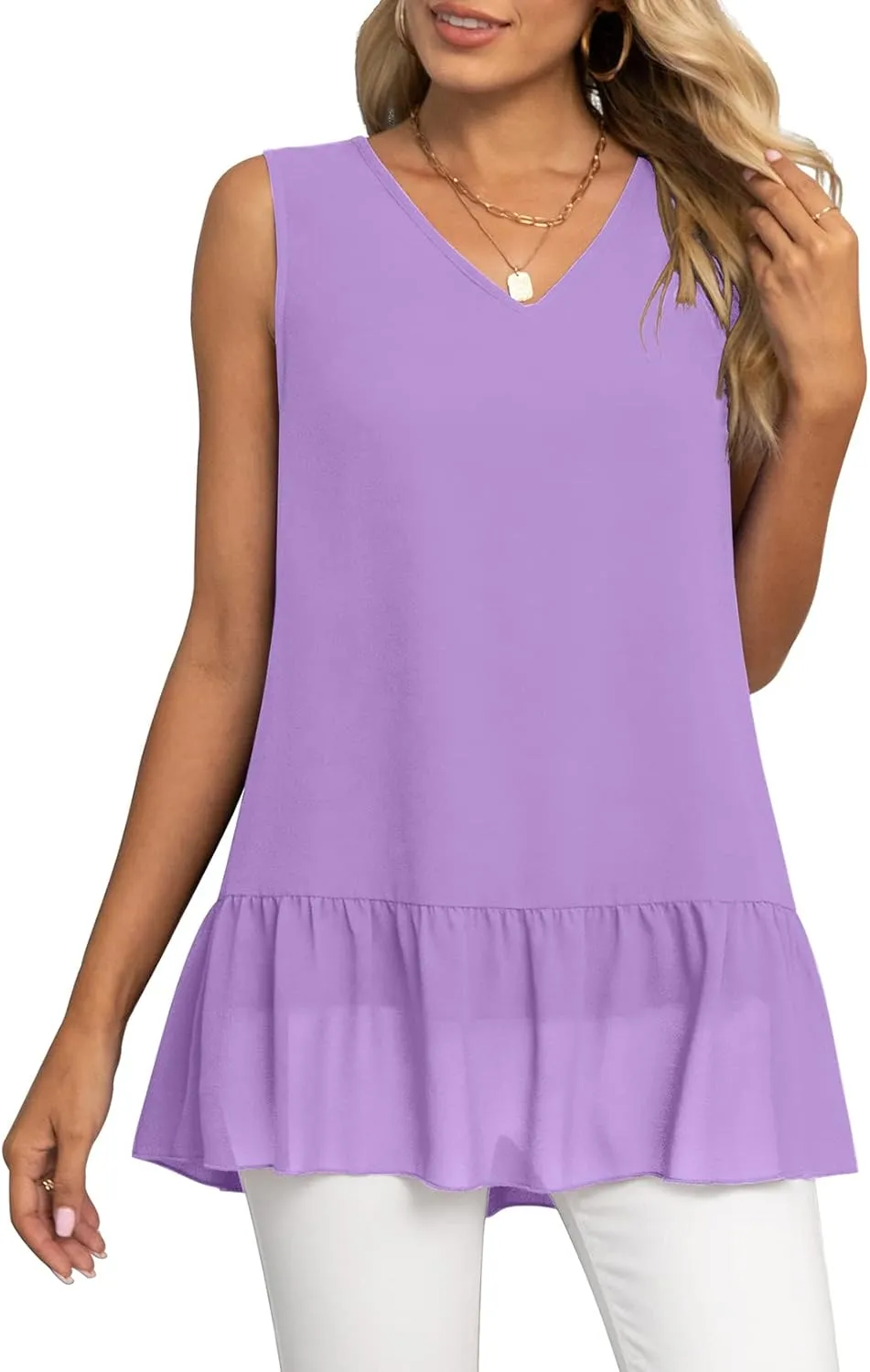 VIISHOW Women's 2023 Summer Sleeveless V Neck Chiffon Tank Top Double Layers Ruffle Hem Casual Blouse Tunic
