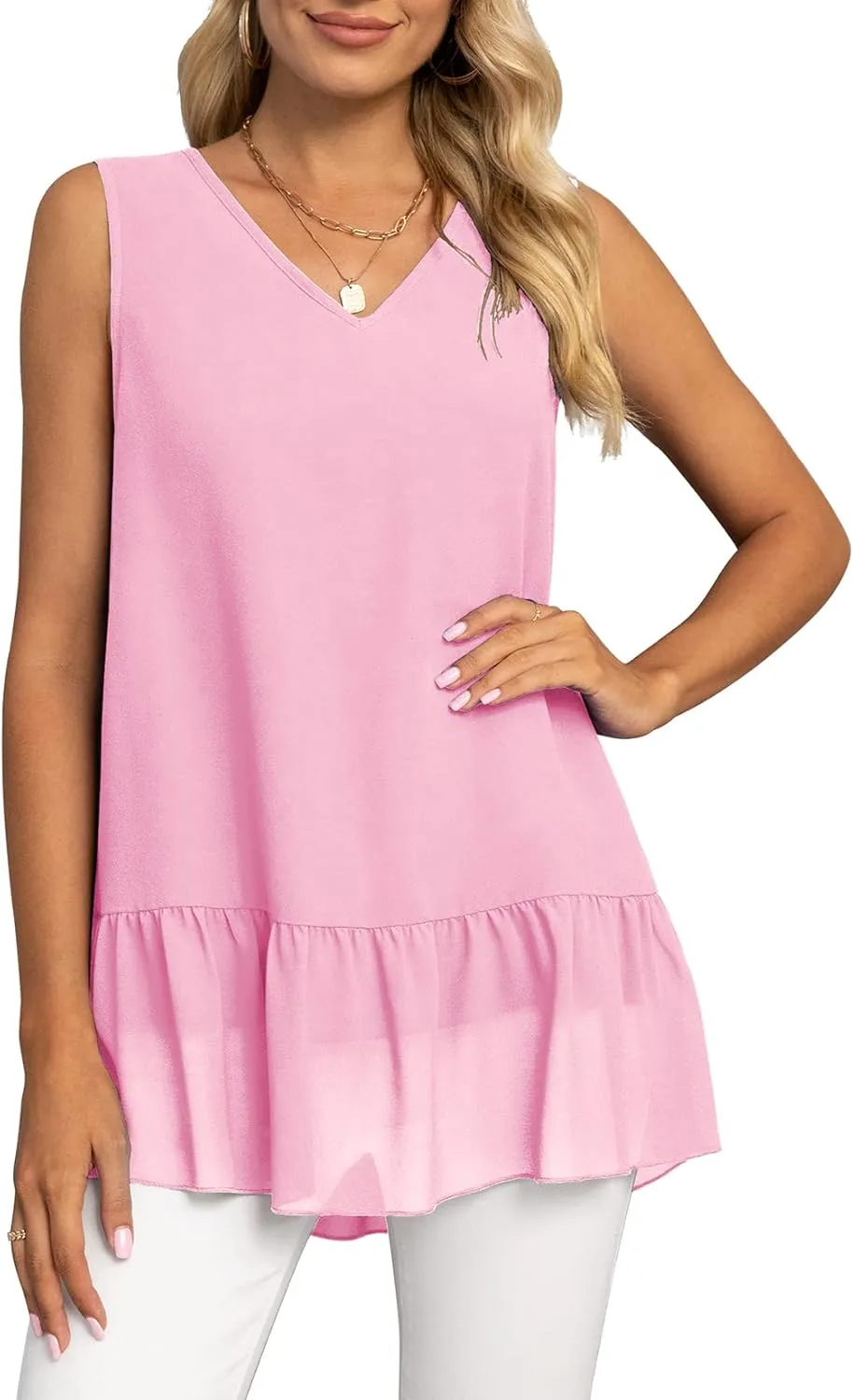VIISHOW Women's 2023 Summer Sleeveless V Neck Chiffon Tank Top Double Layers Ruffle Hem Casual Blouse Tunic