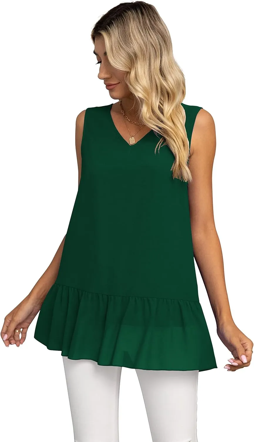 VIISHOW Women's 2023 Summer Sleeveless V Neck Chiffon Tank Top Double Layers Ruffle Hem Casual Blouse Tunic