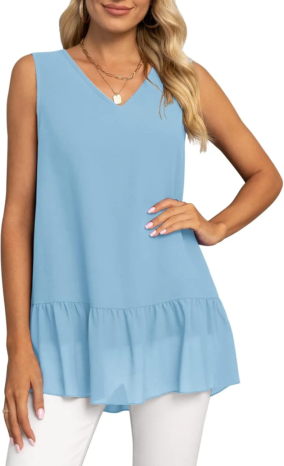 VIISHOW Women's 2023 Summer Sleeveless V Neck Chiffon Tank Top Double Layers Ruffle Hem Casual Blouse Tunic