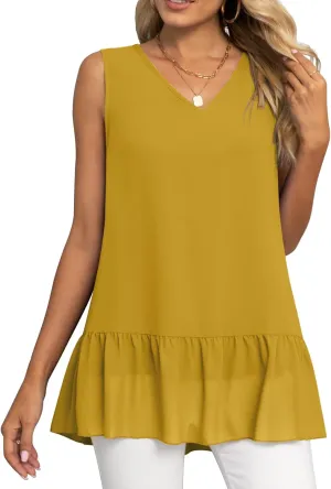 VIISHOW Women's 2023 Summer Sleeveless V Neck Chiffon Tank Top Double Layers Ruffle Hem Casual Blouse Tunic