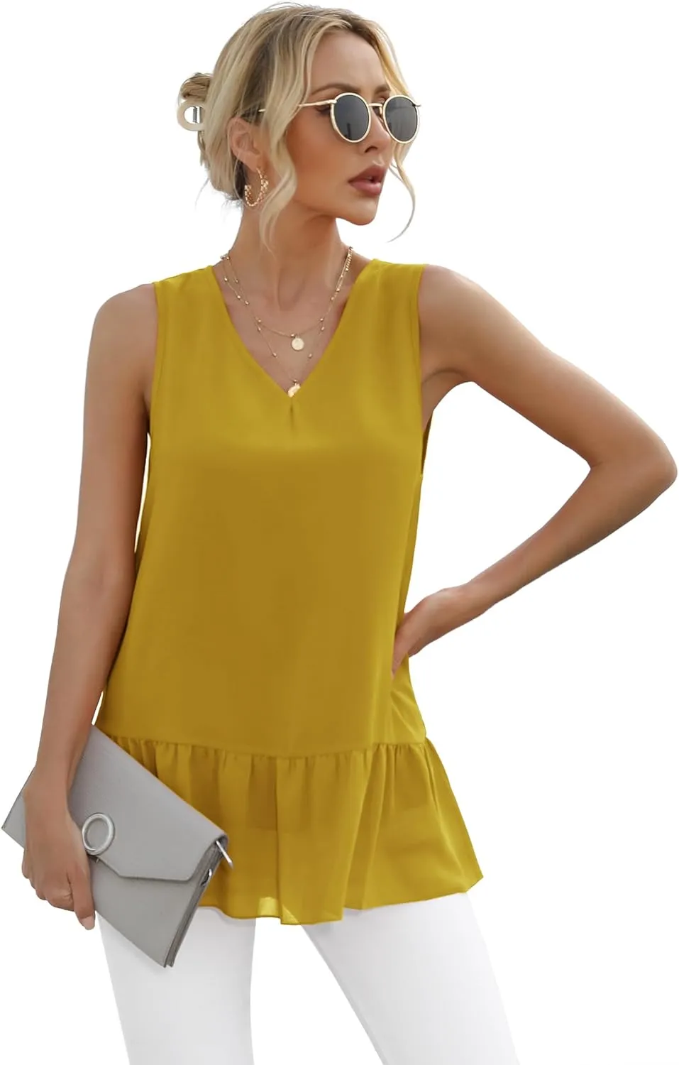 VIISHOW Women's 2023 Summer Sleeveless V Neck Chiffon Tank Top Double Layers Ruffle Hem Casual Blouse Tunic