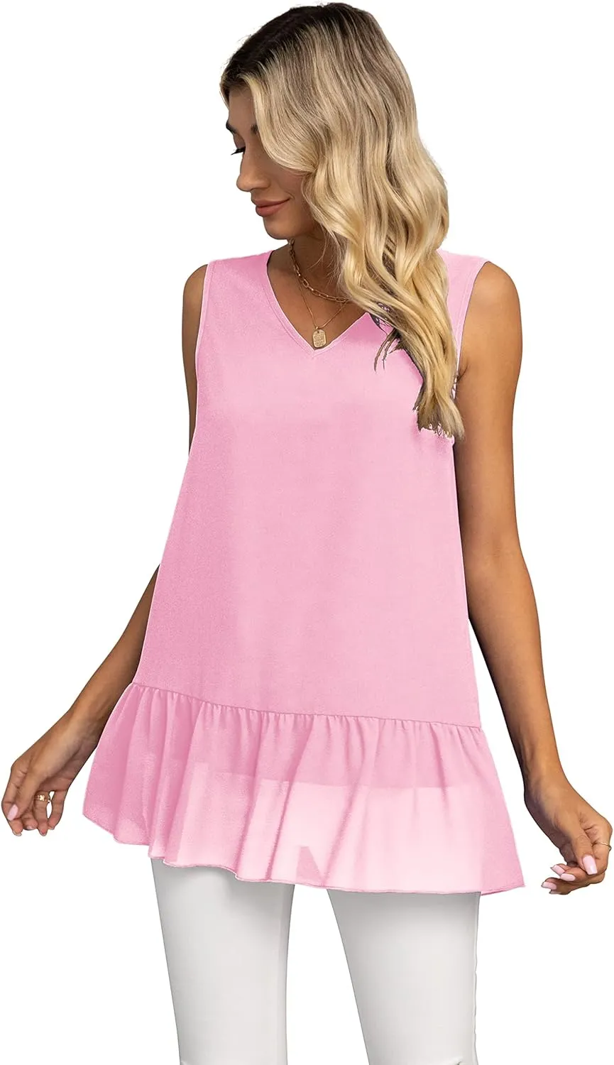 VIISHOW Women's 2023 Summer Sleeveless V Neck Chiffon Tank Top Double Layers Ruffle Hem Casual Blouse Tunic