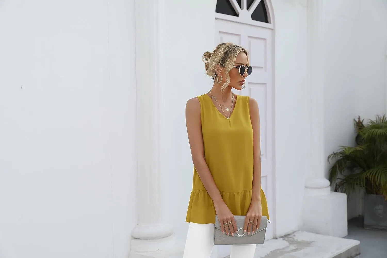 VIISHOW Women's 2023 Summer Sleeveless V Neck Chiffon Tank Top Double Layers Ruffle Hem Casual Blouse Tunic