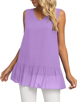 VIISHOW Women's 2023 Summer Sleeveless V Neck Chiffon Tank Top Double Layers Ruffle Hem Casual Blouse Tunic