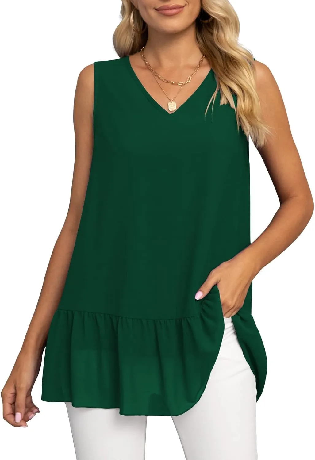 VIISHOW Women's 2023 Summer Sleeveless V Neck Chiffon Tank Top Double Layers Ruffle Hem Casual Blouse Tunic
