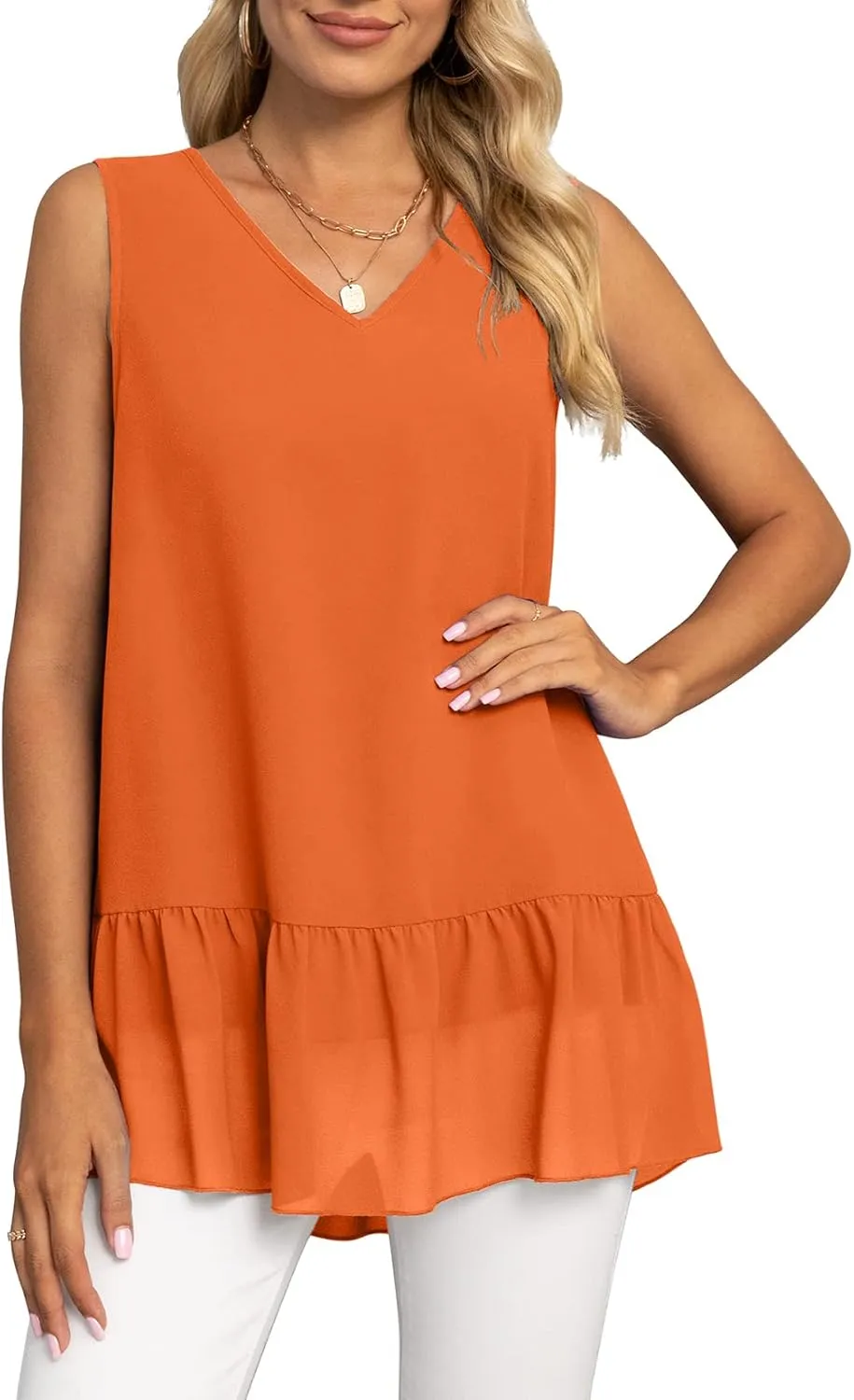 VIISHOW Women's 2023 Summer Sleeveless V Neck Chiffon Tank Top Double Layers Ruffle Hem Casual Blouse Tunic