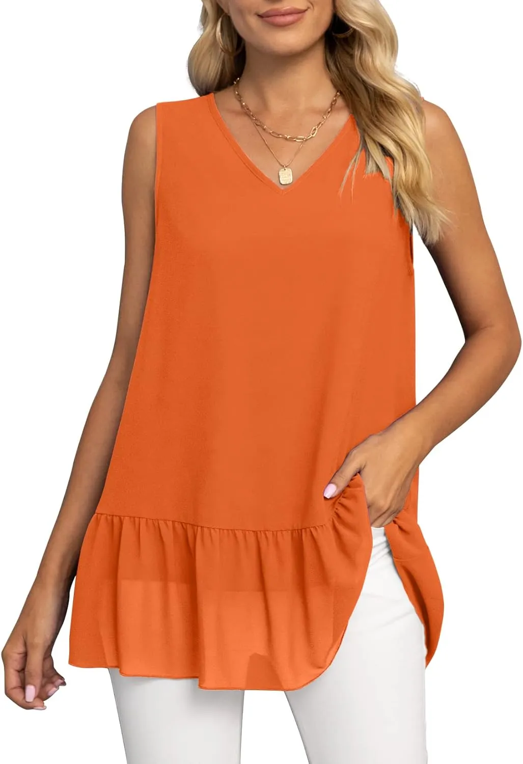 VIISHOW Women's 2023 Summer Sleeveless V Neck Chiffon Tank Top Double Layers Ruffle Hem Casual Blouse Tunic