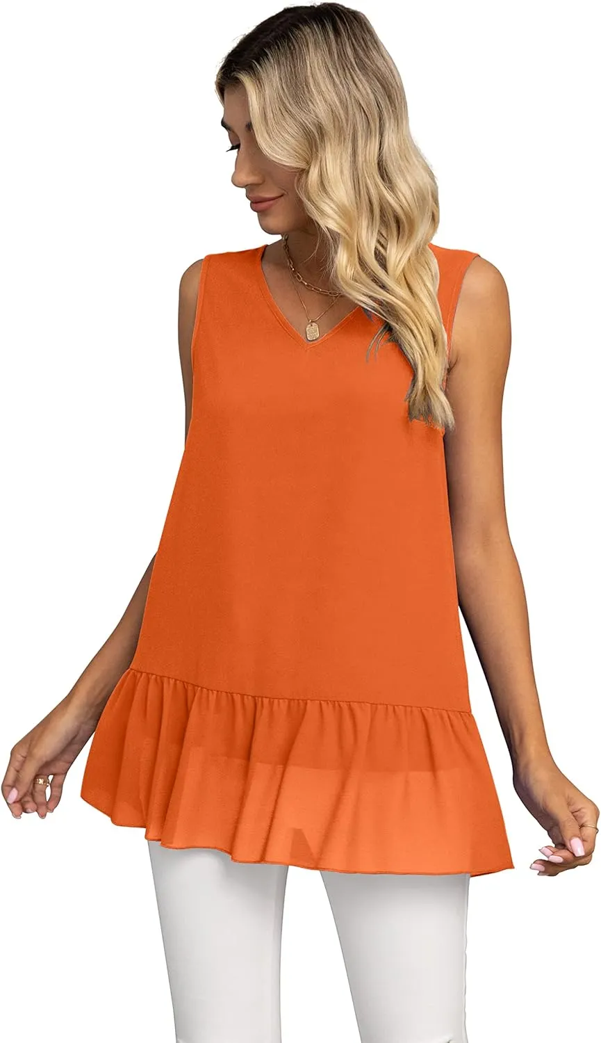 VIISHOW Women's 2023 Summer Sleeveless V Neck Chiffon Tank Top Double Layers Ruffle Hem Casual Blouse Tunic
