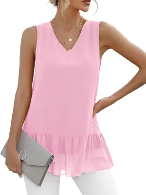 VIISHOW Women's 2023 Summer Sleeveless V Neck Chiffon Tank Top Double Layers Ruffle Hem Casual Blouse Tunic