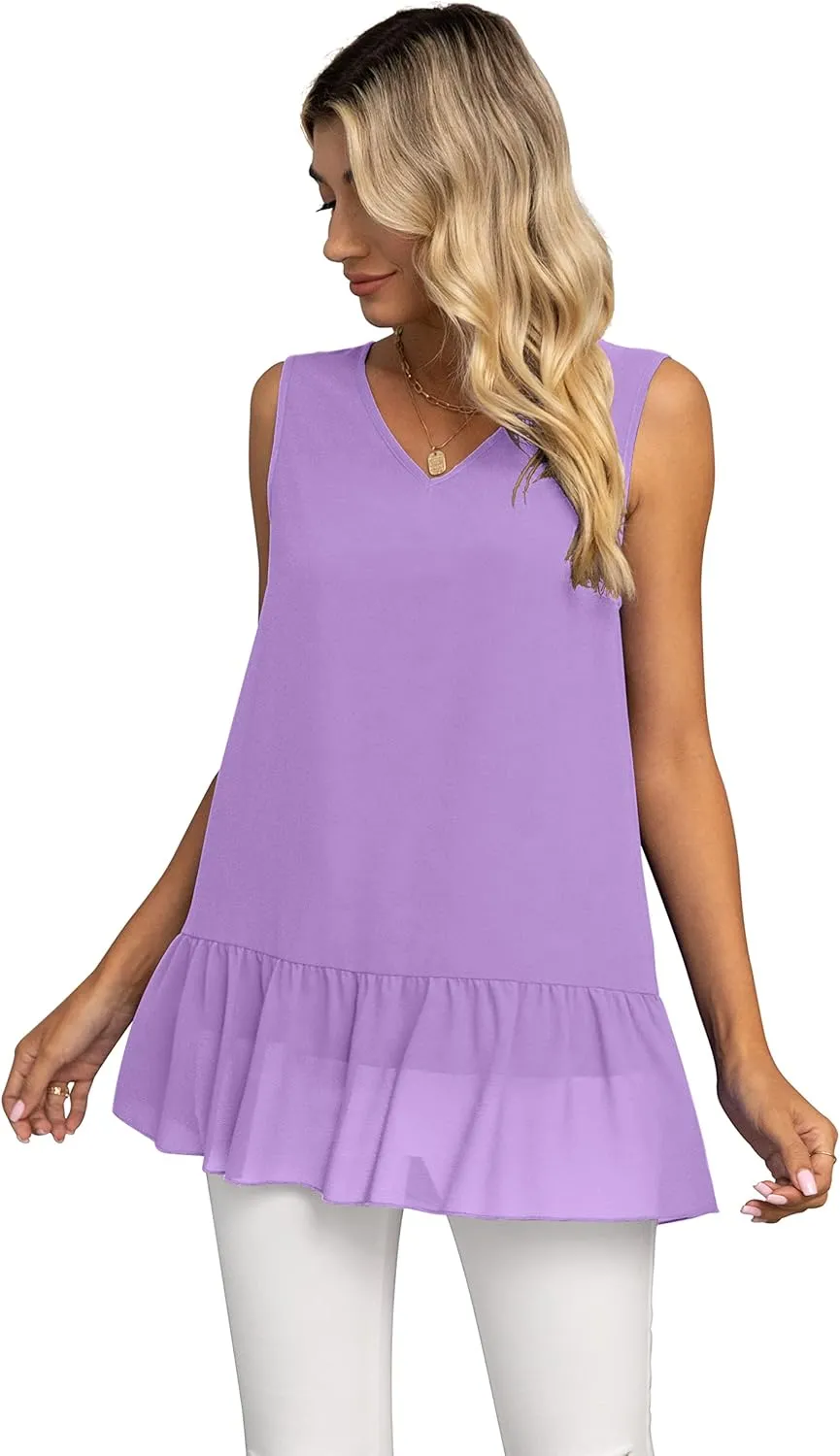 VIISHOW Women's 2023 Summer Sleeveless V Neck Chiffon Tank Top Double Layers Ruffle Hem Casual Blouse Tunic