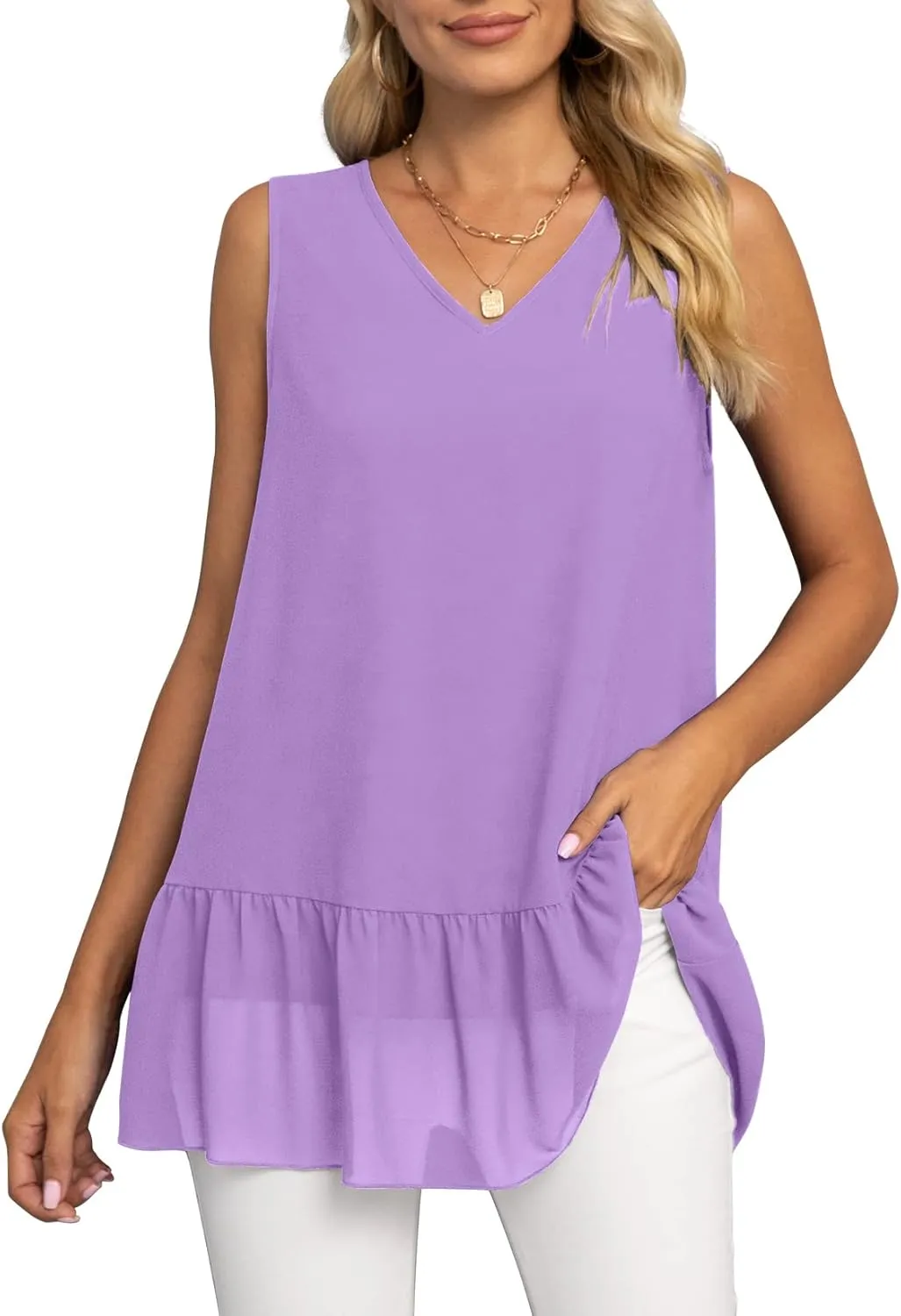 VIISHOW Women's 2023 Summer Sleeveless V Neck Chiffon Tank Top Double Layers Ruffle Hem Casual Blouse Tunic