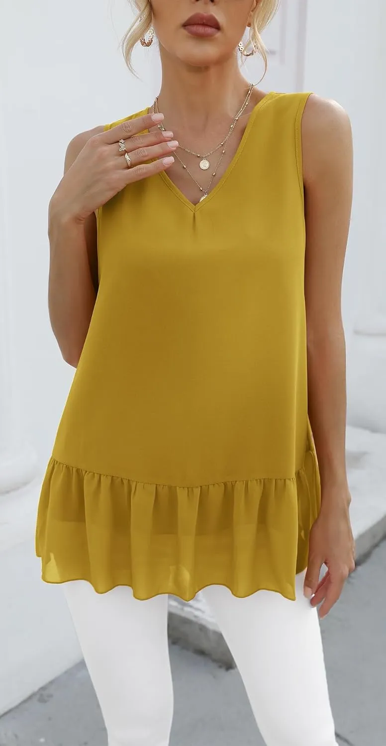 VIISHOW Women's 2023 Summer Sleeveless V Neck Chiffon Tank Top Double Layers Ruffle Hem Casual Blouse Tunic