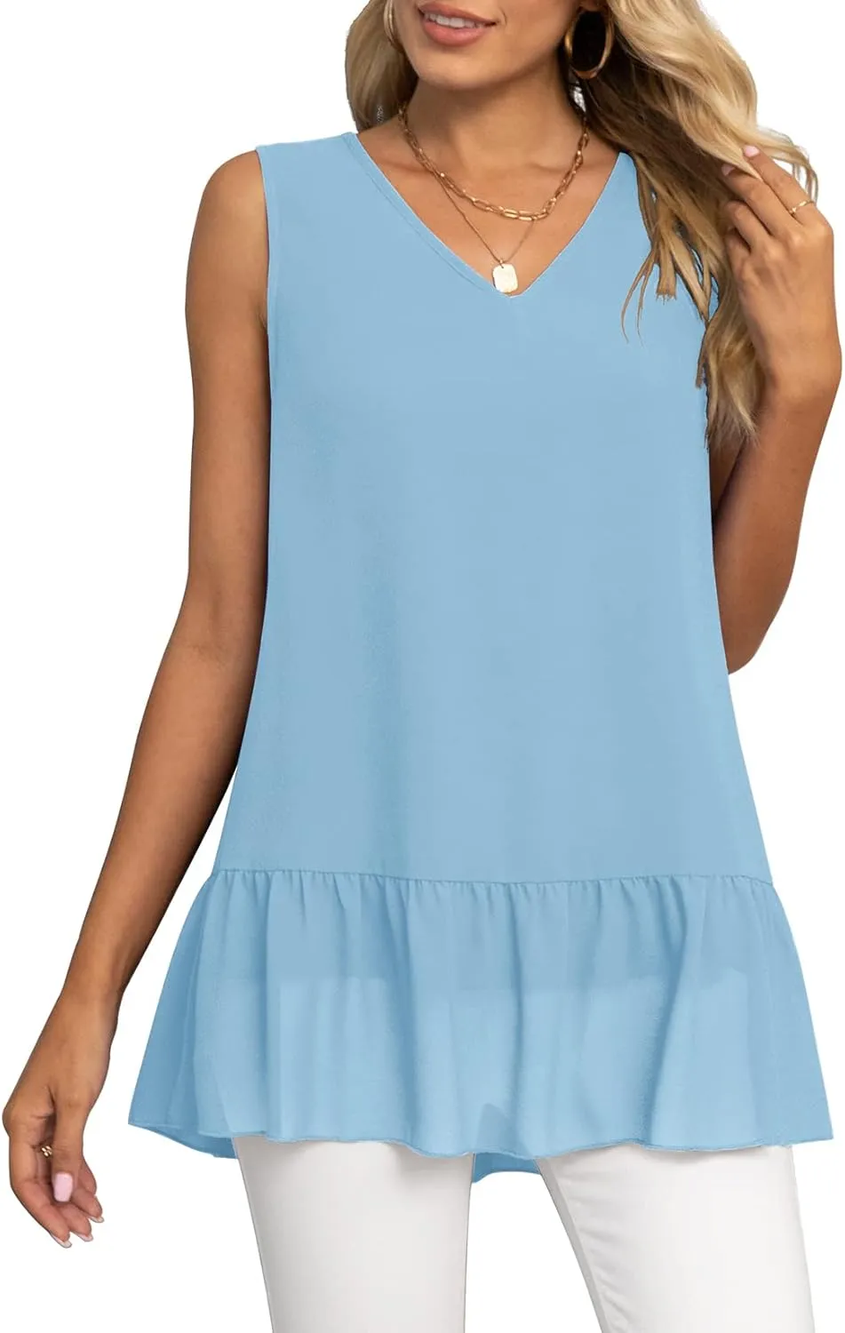 VIISHOW Women's 2023 Summer Sleeveless V Neck Chiffon Tank Top Double Layers Ruffle Hem Casual Blouse Tunic