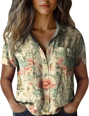 Vintage Boho Tops for Women Floral Print Gauze Shirt Casual Short Sleeve Button Up Blouses Ethnic Tshirts Tops