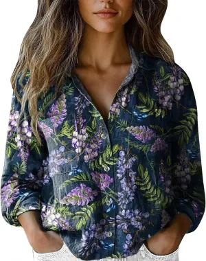 Vintage Boho Tops for Women Floral Print Shirt Casual Long Sleeve Button Up Blouses Long Sleeve Boho Shirts Tops