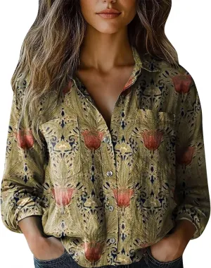 Vintage Boho Tops for Women Floral Print Shirt Casual Long Sleeve Button Up Blouses Long Sleeve Boho Shirts Tops