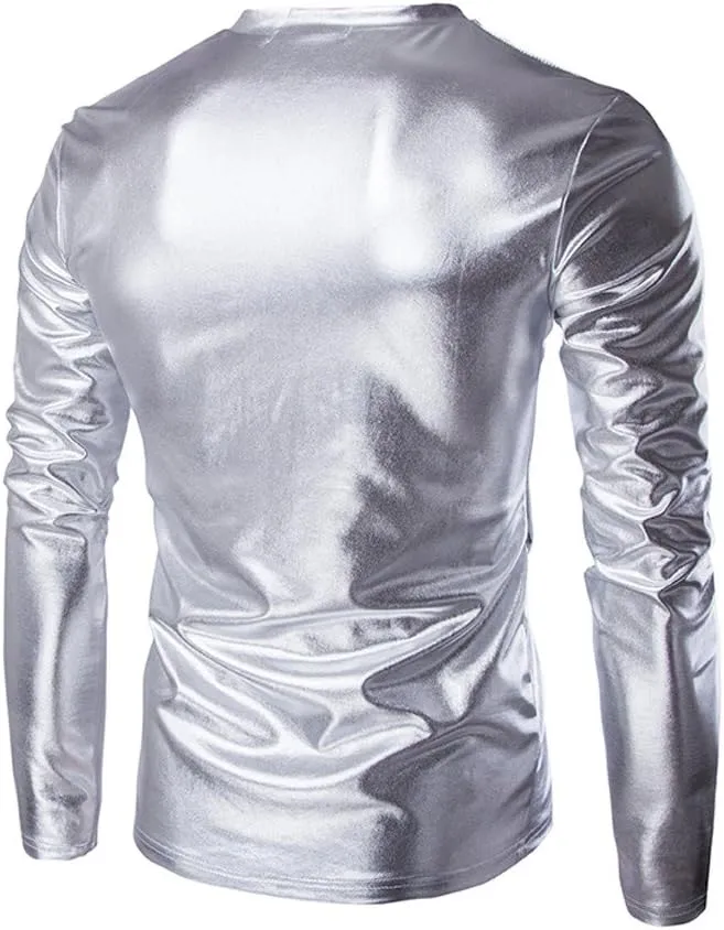 VOWUA Mens Shirts Tunic Tops Metallic Shiny Wet Look T-Shirt Patent Leather Hip Hop Nightclub Party Blouse