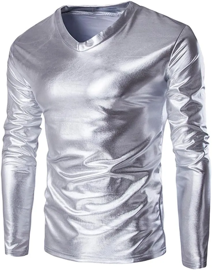 VOWUA Mens Shirts Tunic Tops Metallic Shiny Wet Look T-Shirt Patent Leather Hip Hop Nightclub Party Blouse