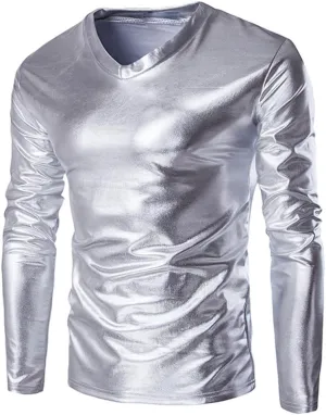 VOWUA Mens Shirts Tunic Tops Metallic Shiny Wet Look T-Shirt Patent Leather Hip Hop Nightclub Party Blouse