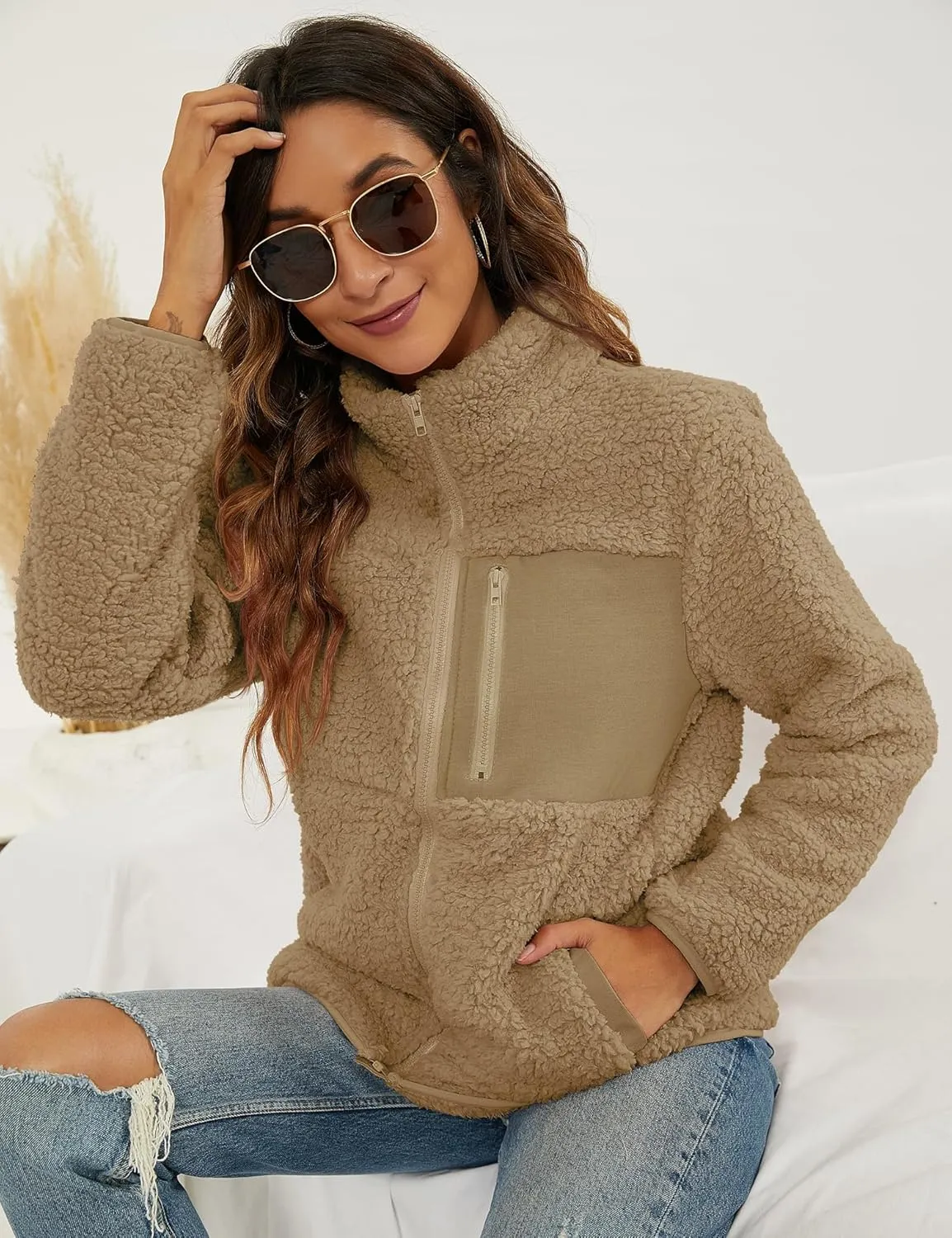 VVK Women's Fashion Faux Shearling Shaggy Full Zip Coats Warm Winter Patchwork Jackets with Pocket