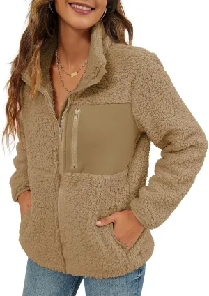 VVK Women's Fashion Faux Shearling Shaggy Full Zip Coats Warm Winter Patchwork Jackets with Pocket