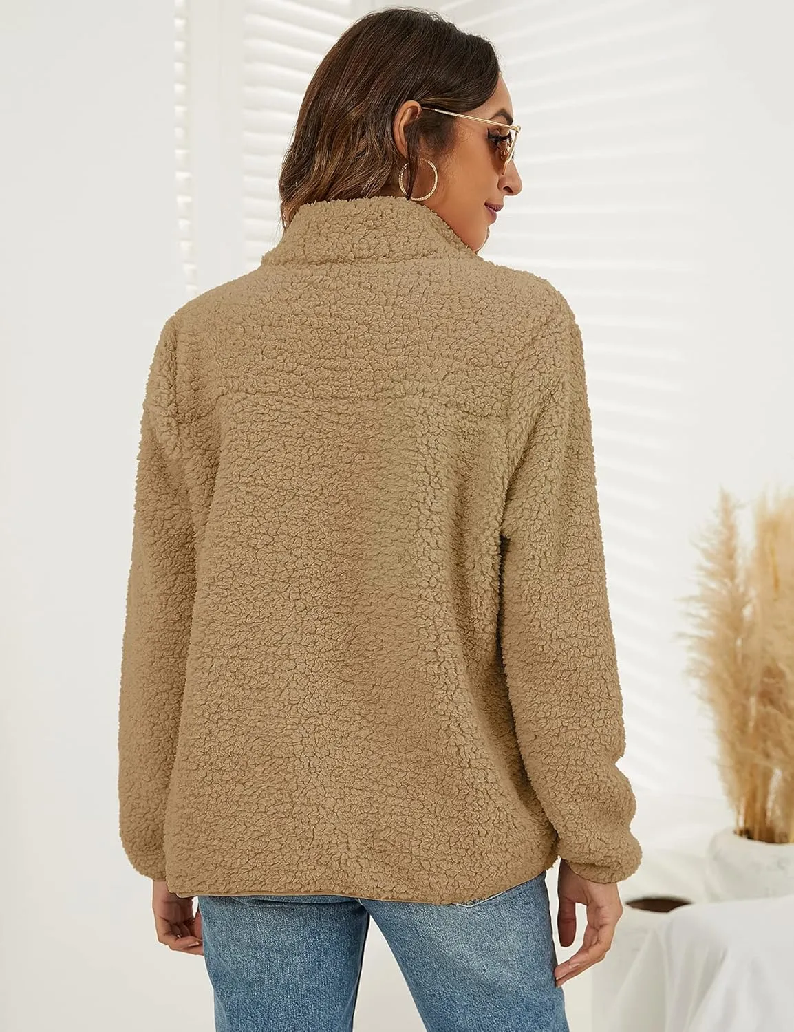 VVK Women's Fashion Faux Shearling Shaggy Full Zip Coats Warm Winter Patchwork Jackets with Pocket