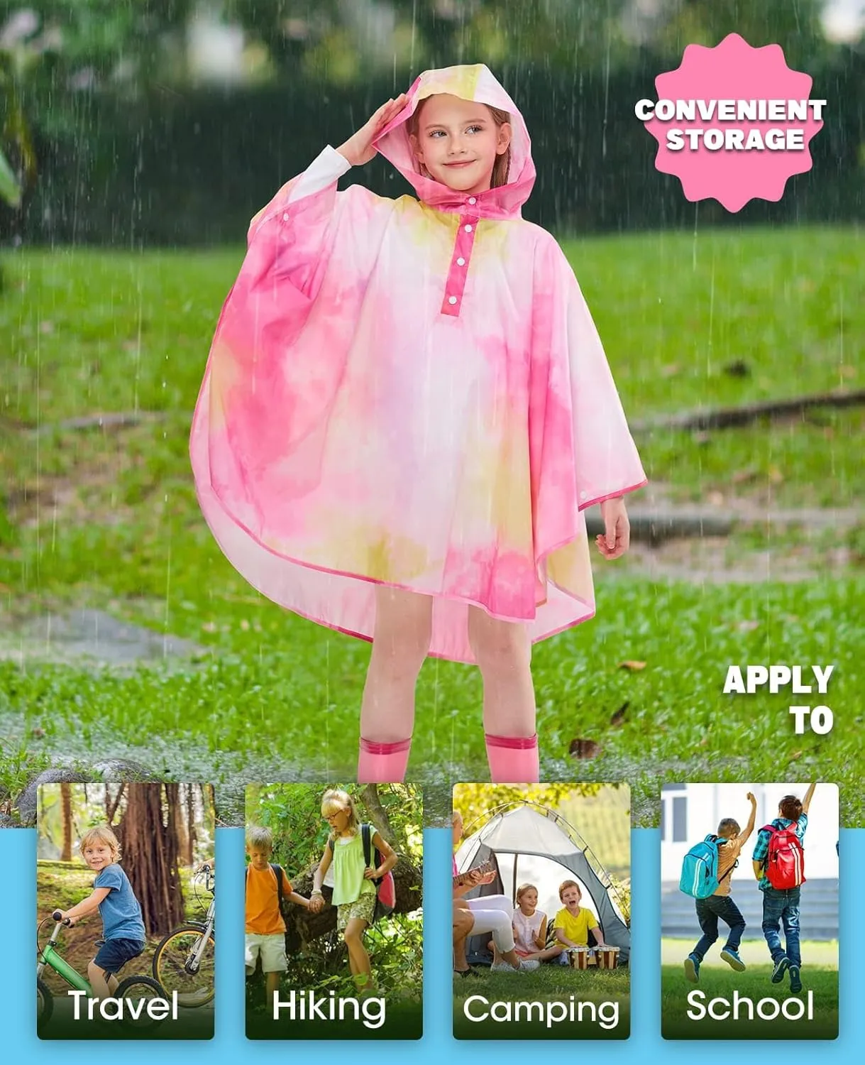 WAWSAM Lightweight Kids Rain Poncho Reusable Toddler Raincoat Waterproof Rain Jacket