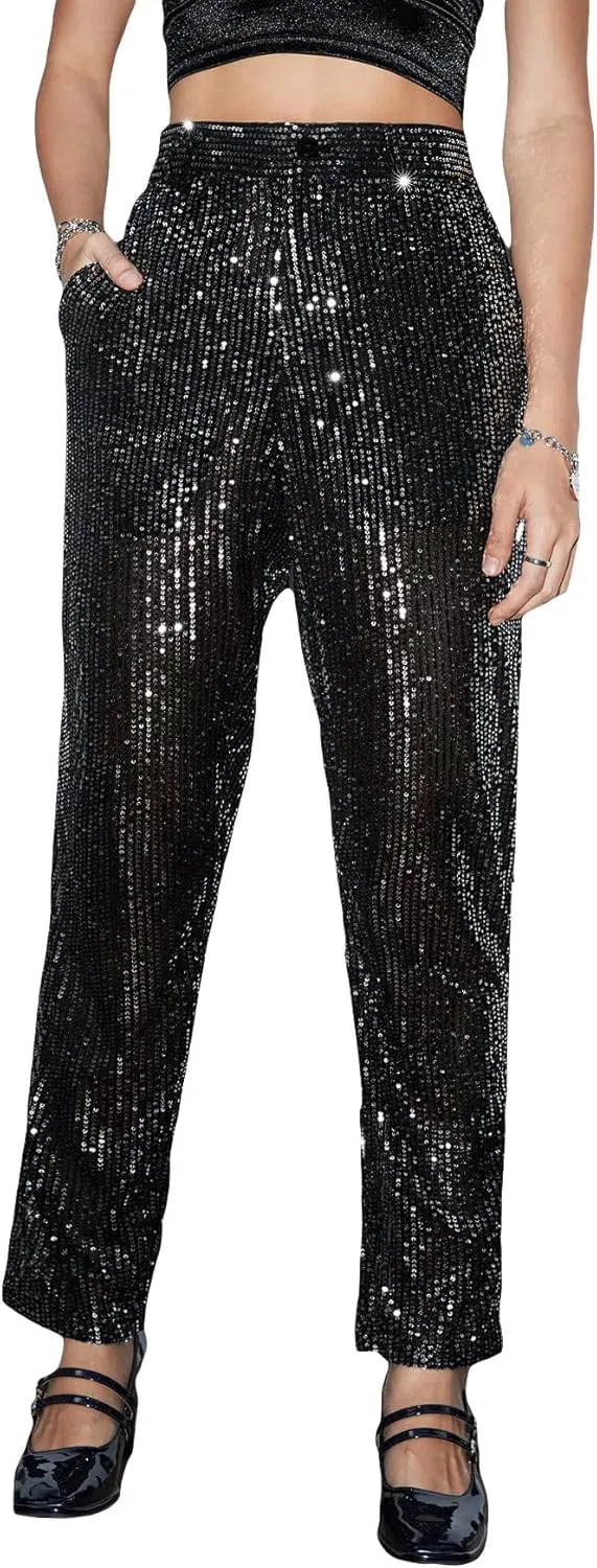 WDIRARA Men's Contrast Sequin Carrot Pants Elastic Waist Skinny Straight Leg Pants