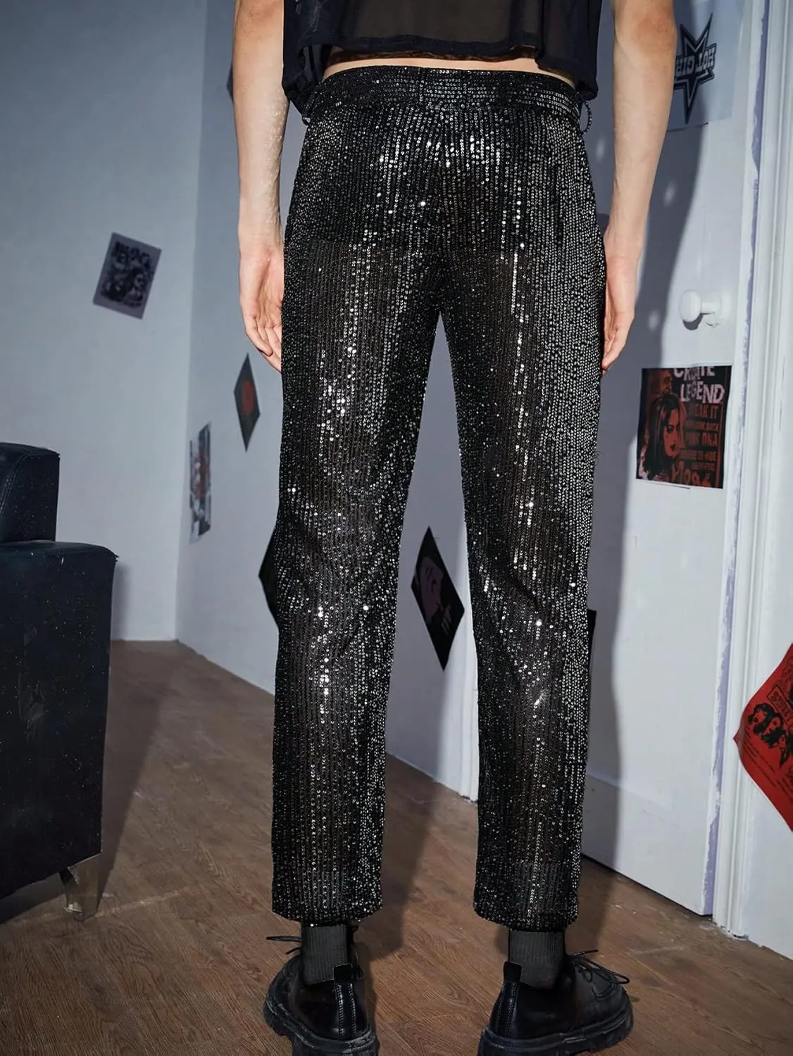 WDIRARA Men's Contrast Sequin Carrot Pants Elastic Waist Skinny Straight Leg Pants