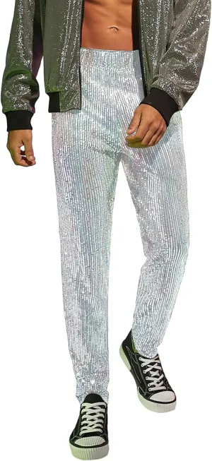 WDIRARA Men's Contrast Sequin Carrot Pants Elastic Waist Skinny Straight Leg Pants