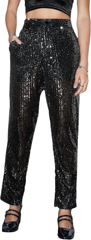 WDIRARA Men's Contrast Sequin Carrot Pants Elastic Waist Skinny Straight Leg Pants