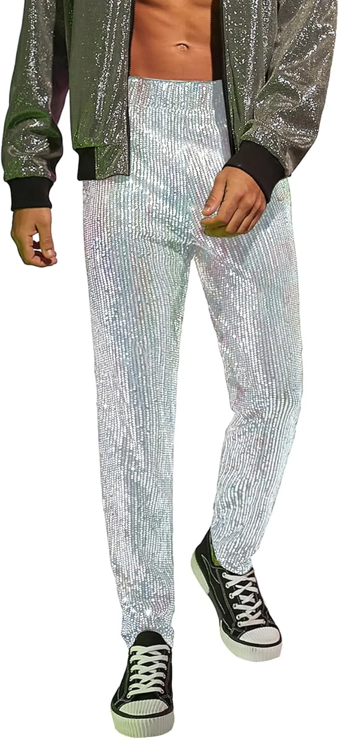 WDIRARA Men's Contrast Sequin Carrot Pants Elastic Waist Skinny Straight Leg Pants