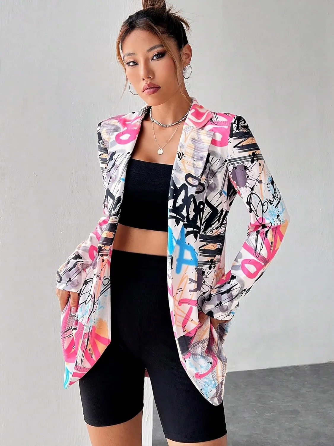 WDIRARA Women's All Over Printed Button Open Front Long Sleeve Lapel Neck Casual Blazer Jackets