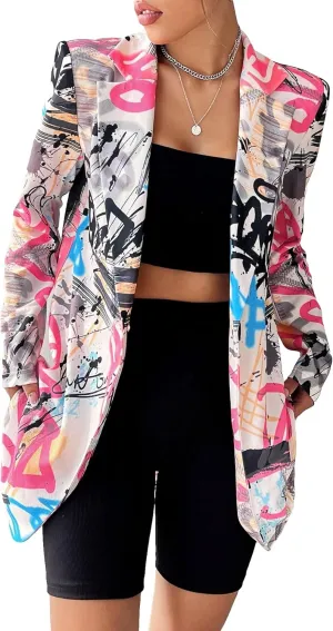 WDIRARA Women's All Over Printed Button Open Front Long Sleeve Lapel Neck Casual Blazer Jackets