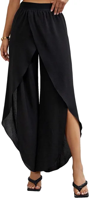 WDIRARA Women's Elastic Waist Wrap Asymmetrical Hem Wide Leg Pants Casual Pants