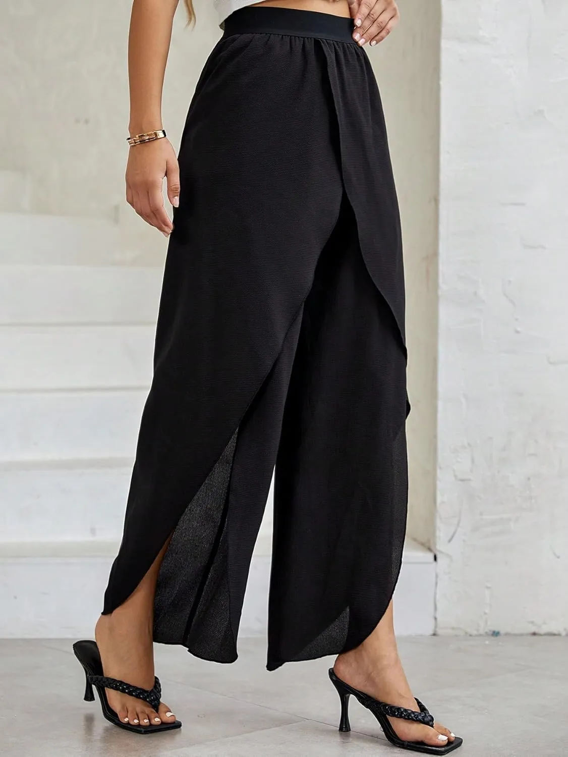 WDIRARA Women's Elastic Waist Wrap Asymmetrical Hem Wide Leg Pants Casual Pants
