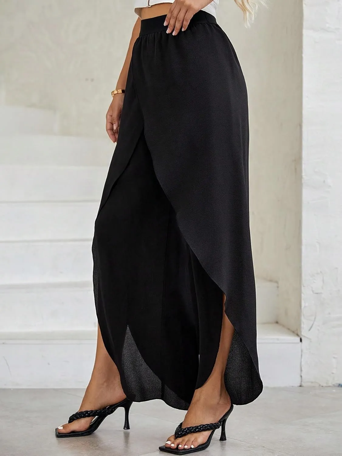 WDIRARA Women's Elastic Waist Wrap Asymmetrical Hem Wide Leg Pants Casual Pants