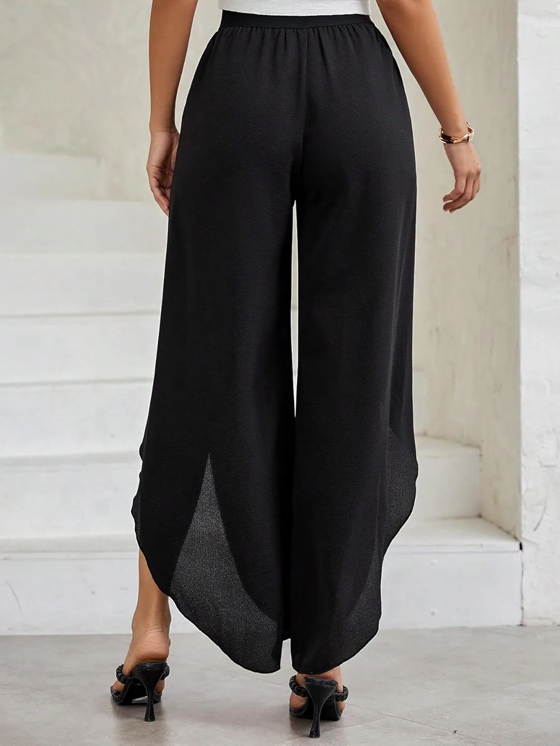 WDIRARA Women's Elastic Waist Wrap Asymmetrical Hem Wide Leg Pants Casual Pants