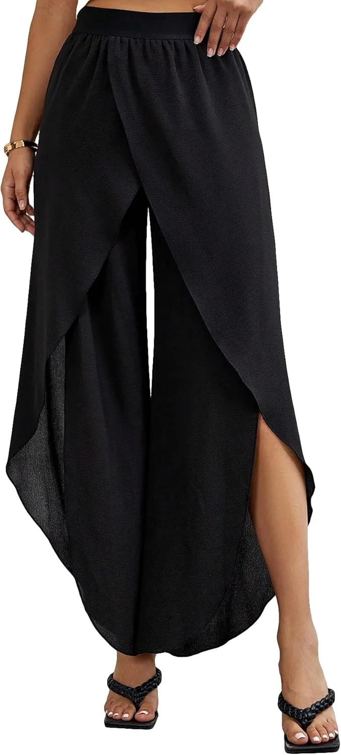 WDIRARA Women's Elastic Waist Wrap Asymmetrical Hem Wide Leg Pants Casual Pants