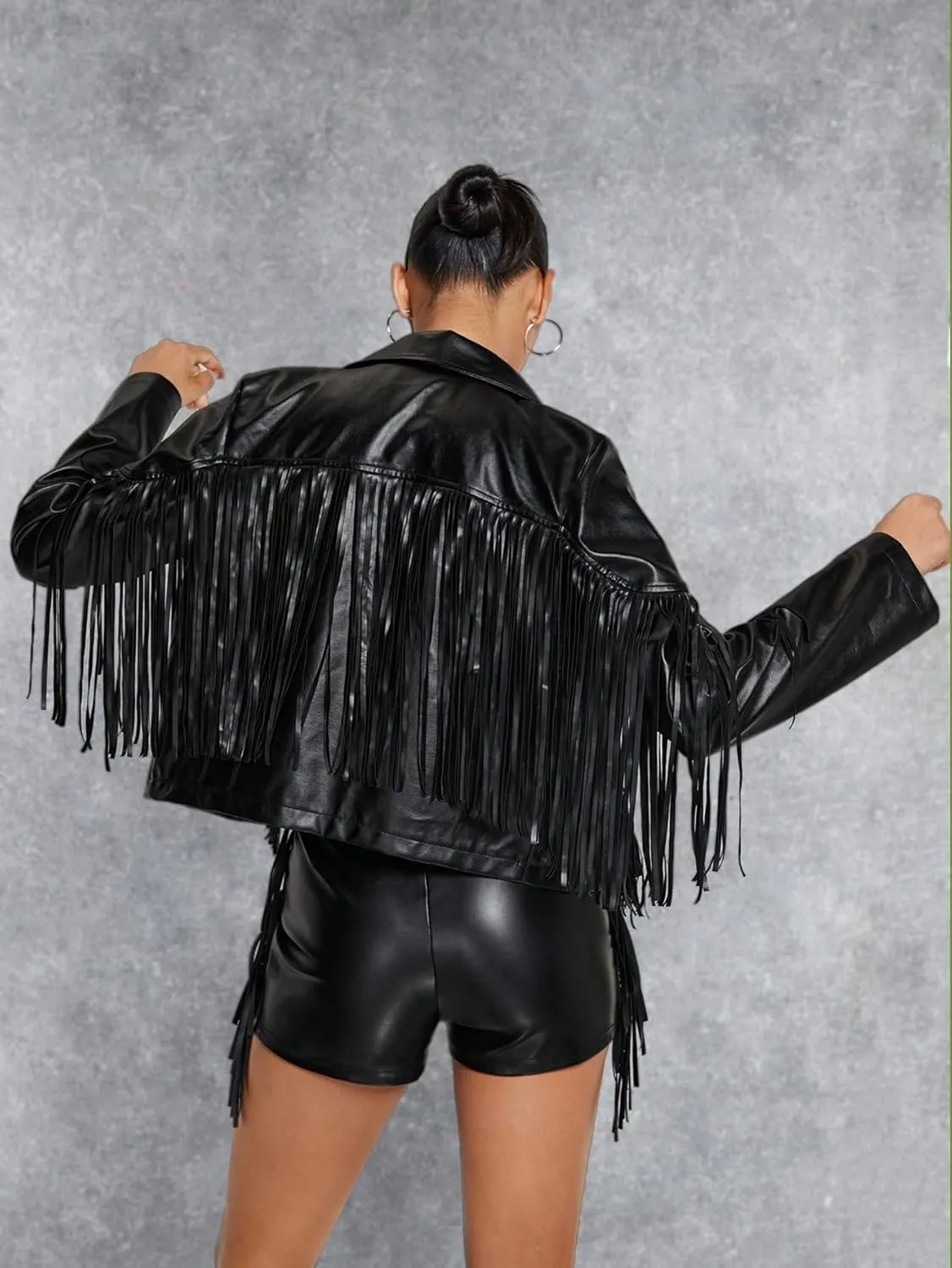 WDIRARA Women's Fringe Trim Open Front Long Sleeve Lapel Neck Loose Party Jackets