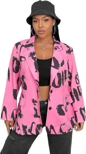 WDIRARA Women's Letter Graphic Printed Long Sleeve Plus Size Casual Blazer Jackets with Flap Pockets