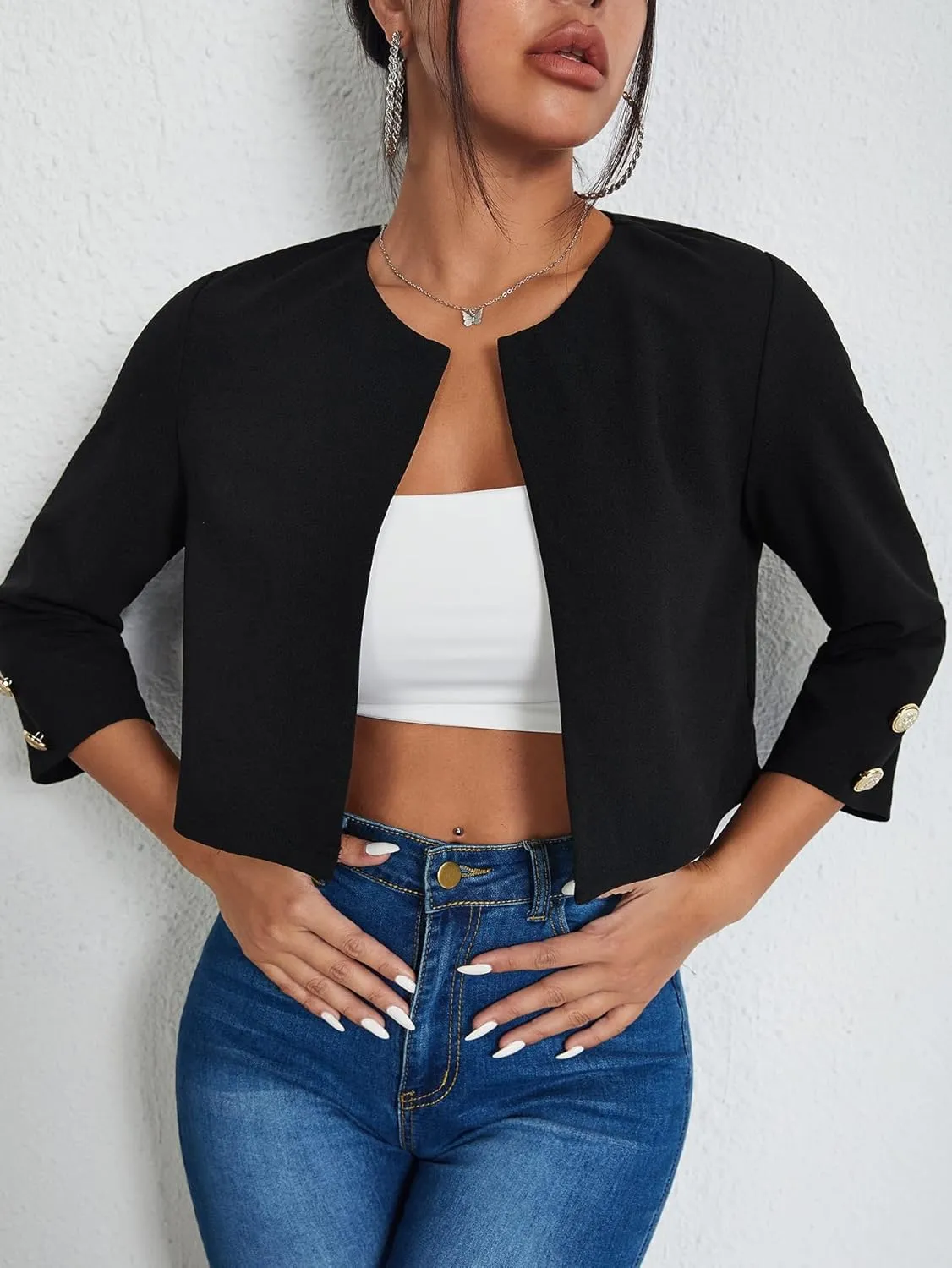 WDIRARA Women's Open Front 3/4 Sleeve Button Cuff Crop Blazer Casual Jackets