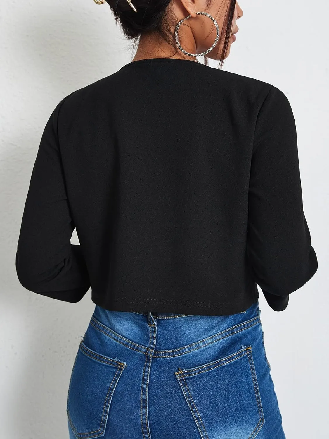 WDIRARA Women's Open Front 3/4 Sleeve Button Cuff Crop Blazer Casual Jackets