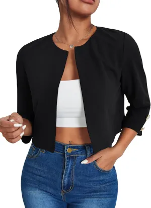 WDIRARA Women's Open Front 3/4 Sleeve Button Cuff Crop Blazer Casual Jackets