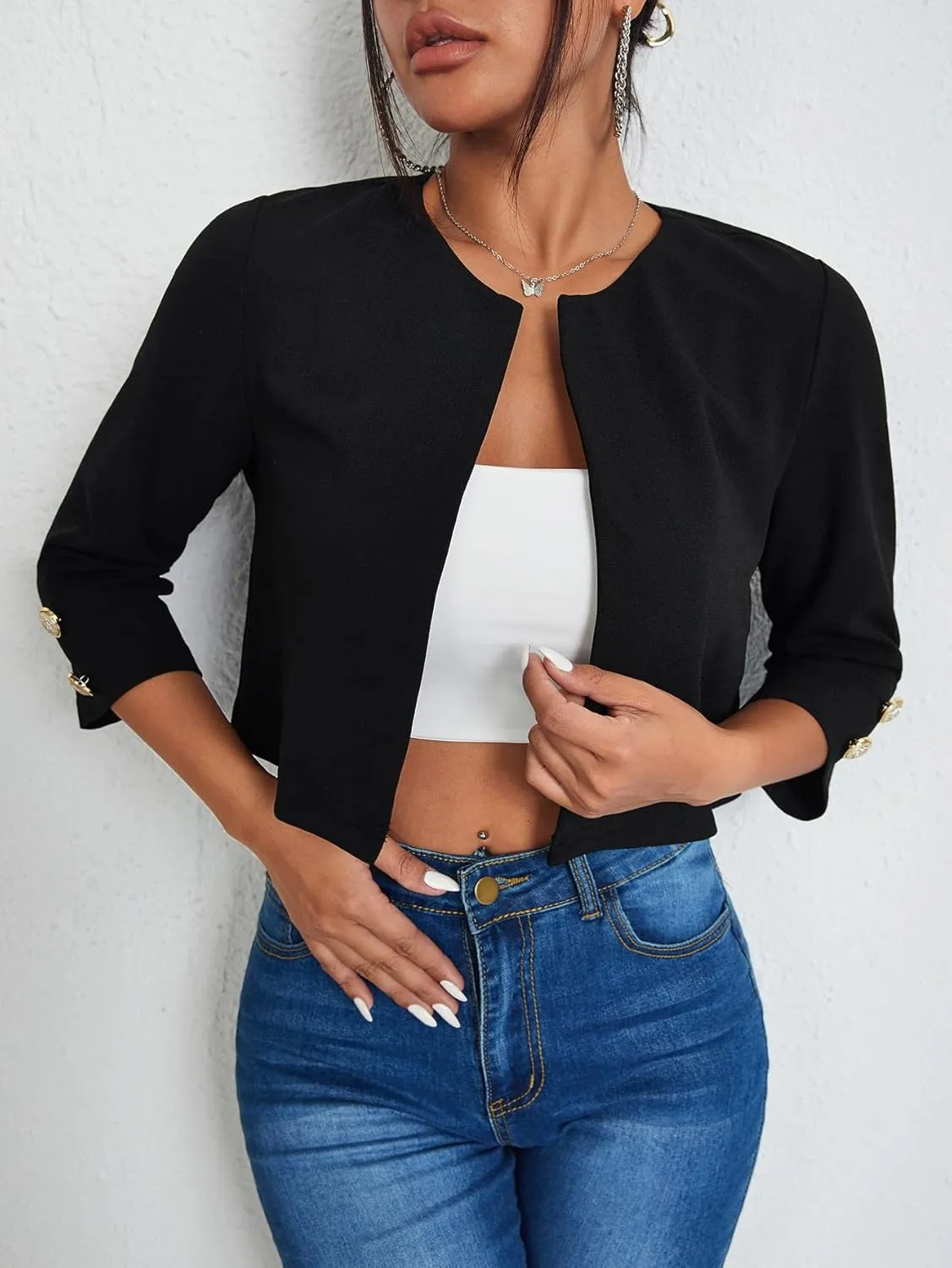 WDIRARA Women's Open Front 3/4 Sleeve Button Cuff Crop Blazer Casual Jackets