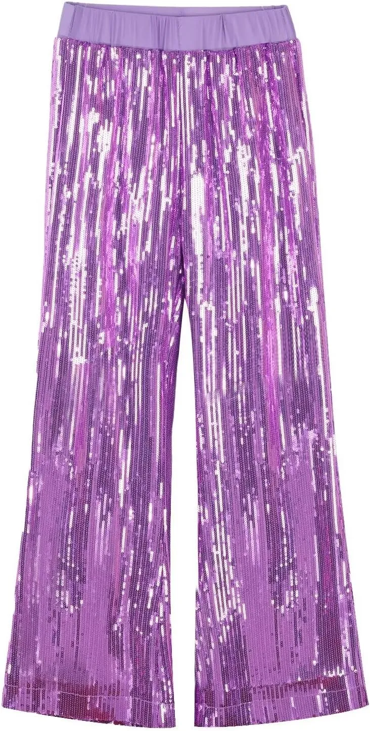 WELAKEN Girls Sequin Flare Pants Sparkle Elastic Waist Dance Pants with Pockets