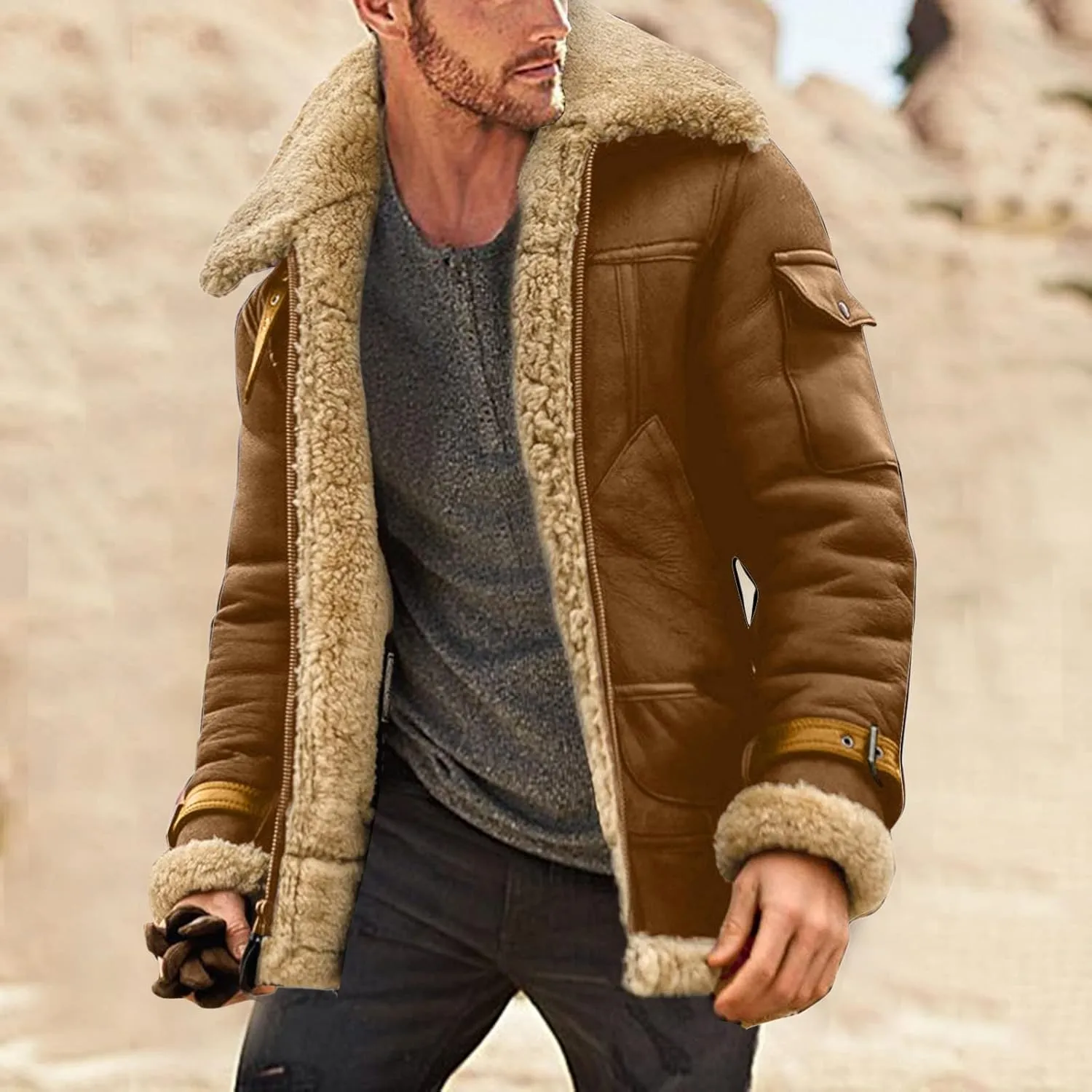 WENKOMG1 Mens Sherpa Lined Jacket,Cozy Warm Winter Fall Thick Quilted Zip Up Outerwear Faux Suede Composite Coat