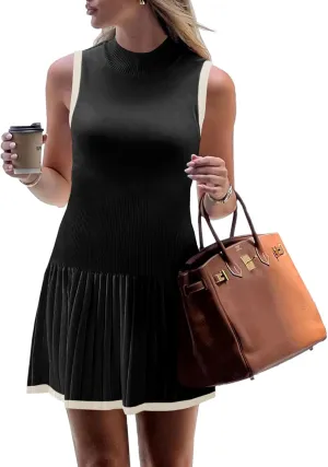 Wenrine Womens Sleeveless Summer Mini Dress Mock Neck Ribbed Knit Ruffle Pleated Casual Tank Dress